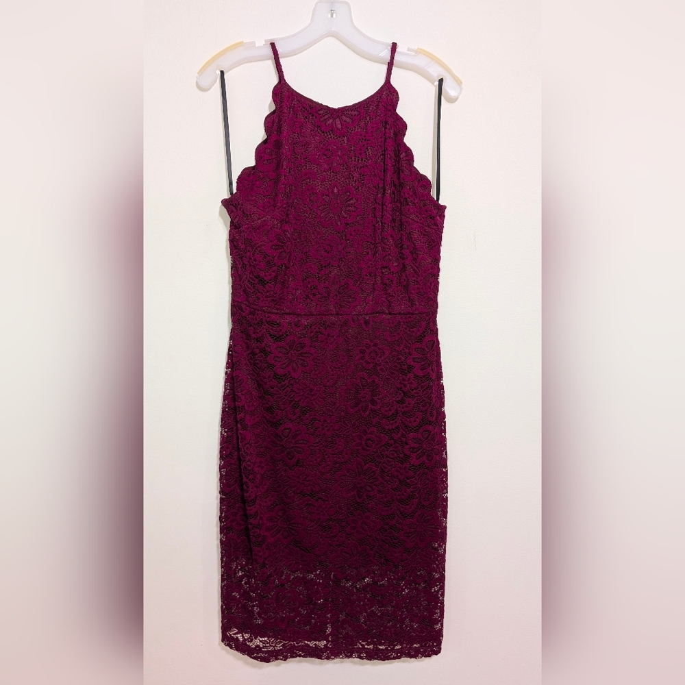 Iz Byer Juniors LG Burgundy Lined Floral Lace Scalloped Halter Cocktail Dress